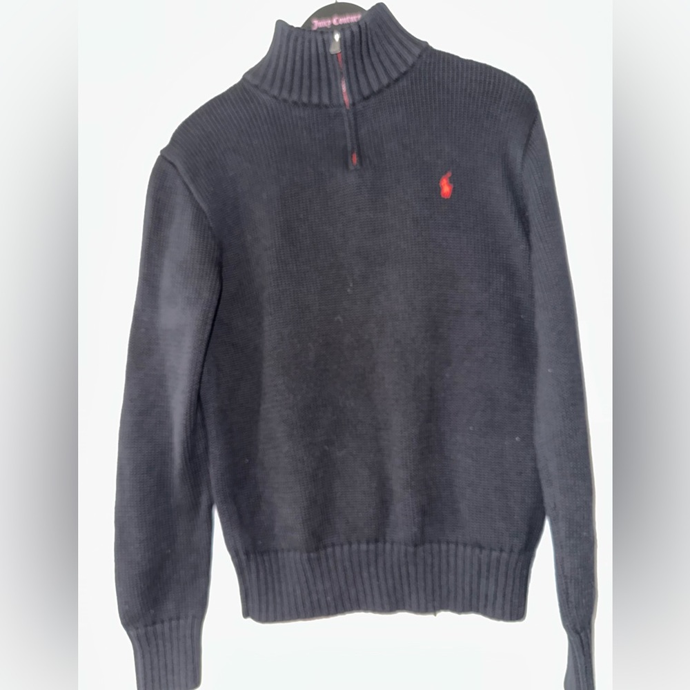 RALPH LAUREN POLO, BLACK, 100% COTTON, BOY’S DESIGNER 1/4 ZIP SWEATER    Size: L